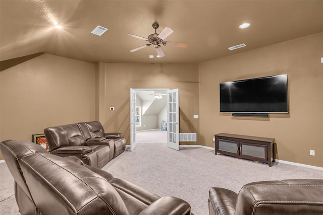 bedroom featuring light carpet, ceiling fan, and lofted ceiling