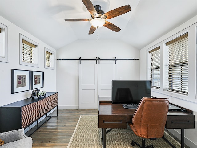 office space featuring ceiling fan, dark hardwood / wood-style flooring, and vaulted ceiling