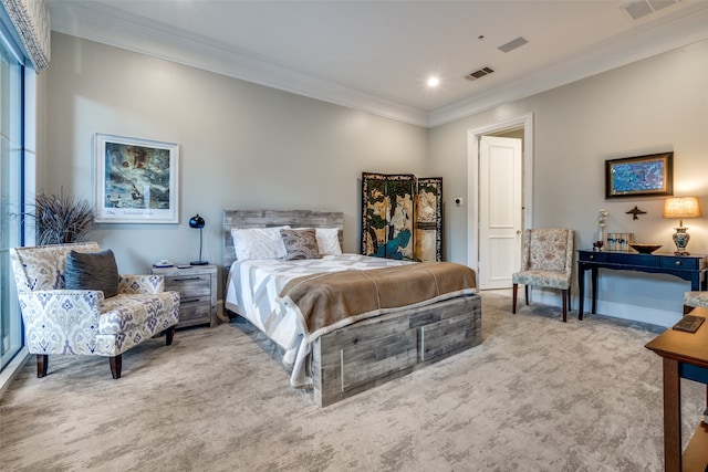 bedroom featuring carpet floors and ornamental molding