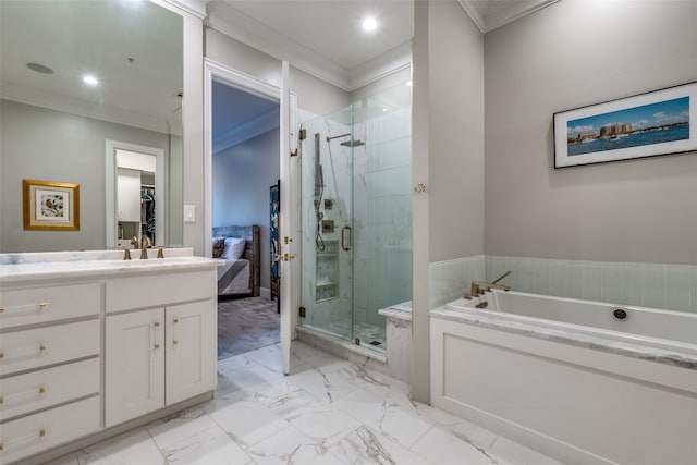 bathroom featuring shower with separate bathtub, vanity, and ornamental molding