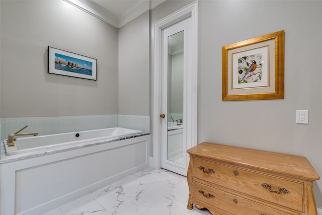 bathroom with a bath and crown molding