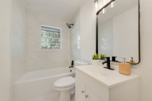 full bathroom featuring vanity, tiled shower / bath combo, and toilet