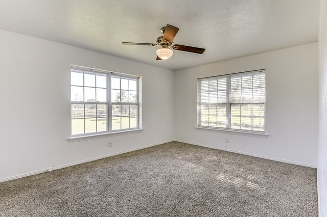 carpeted empty room with ceiling fan and a healthy amount of sunlight