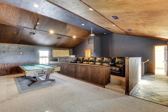 game room with wood ceiling, light colored carpet, and pool table