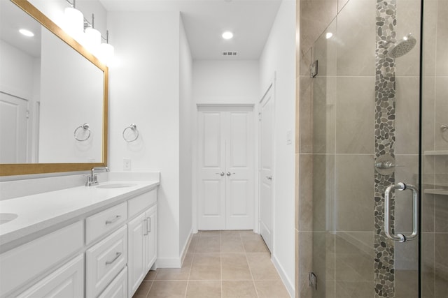full bath with a shower stall, tile patterned flooring, a sink, and visible vents