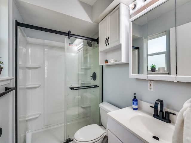 bathroom with vanity, toilet, and a shower with door