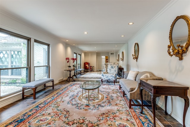 living room featuring crown molding