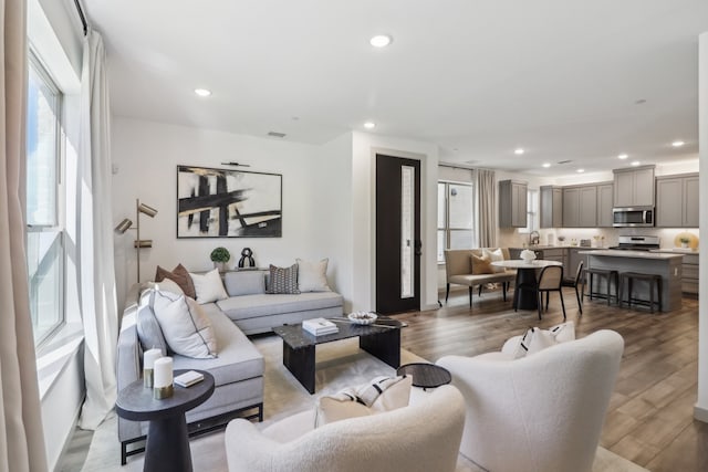 living room featuring sink and light hardwood / wood-style floors