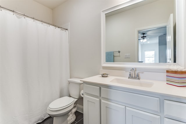 bathroom with ceiling fan, vanity, and toilet