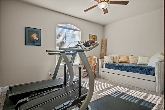 workout room with carpet flooring and ceiling fan