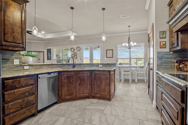 kitchen featuring backsplash, dishwasher, ornamental molding, and sink