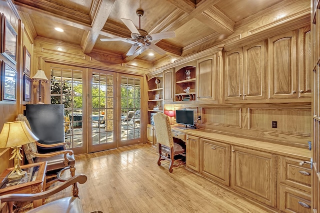 office featuring wood ceiling, built in desk, built in shelves, wooden walls, and coffered ceiling