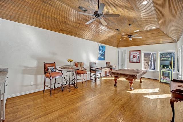 playroom with pool table, vaulted ceiling, ceiling fan, wooden ceiling, and light hardwood / wood-style flooring