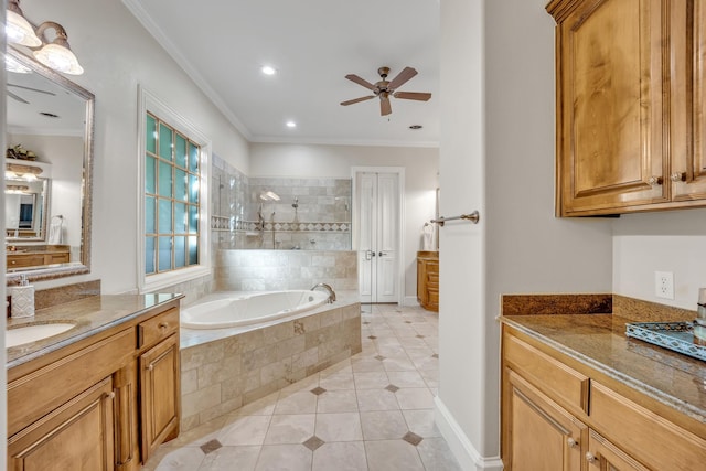 bathroom featuring tile patterned floors, vanity, ceiling fan, crown molding, and separate shower and tub