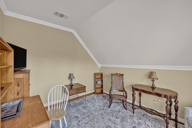 living area with vaulted ceiling, crown molding, and hardwood / wood-style floors