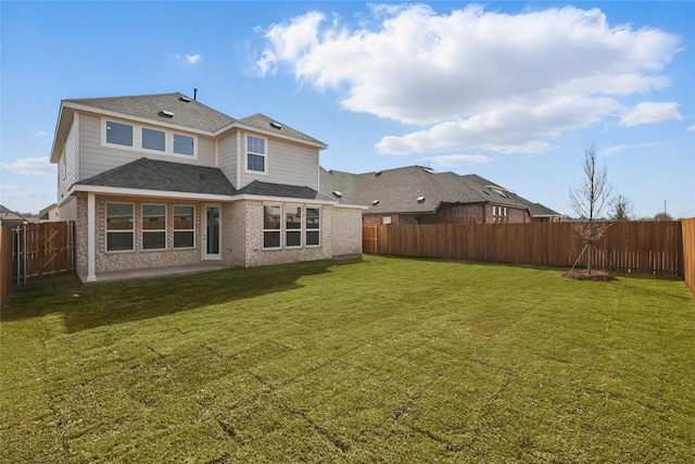 5036 Water Lily Ln, Fort Worth, TX 76036 - back of property with brick siding, a patio, a fenced backyard, and a lawn