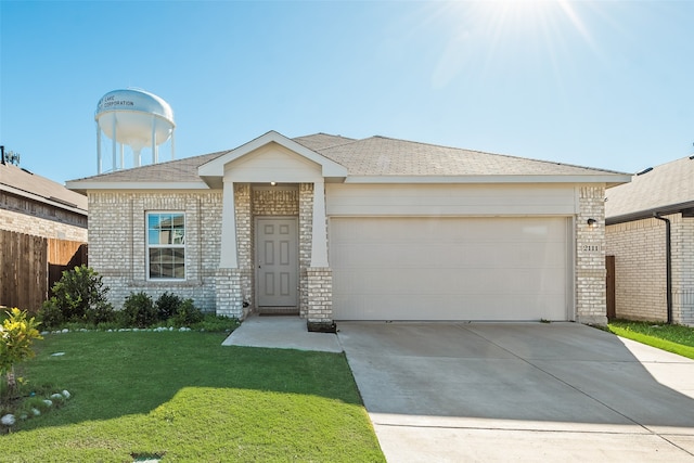 ranch-style house with a front yard and a garage