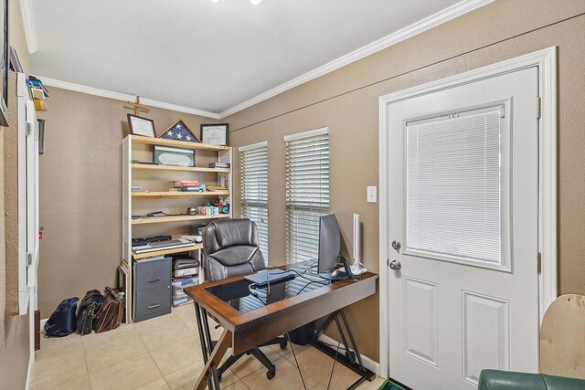 home office featuring ornamental molding and light tile patterned flooring