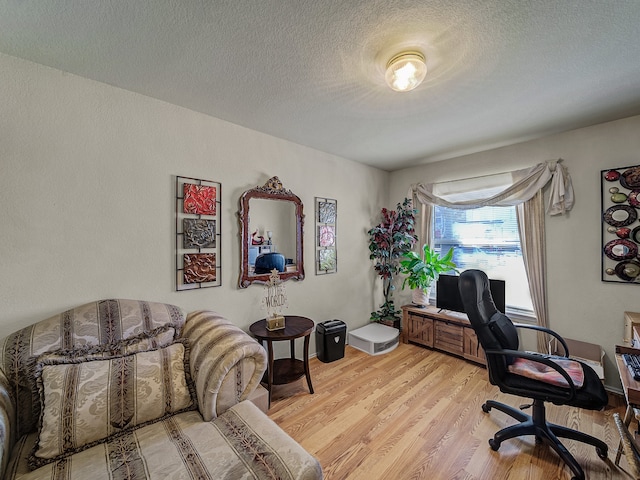 office with light hardwood / wood-style flooring and a textured ceiling