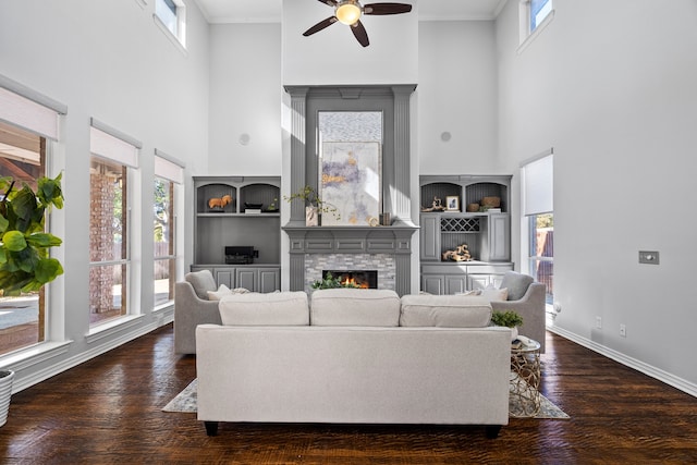 living room with dark hardwood / wood-style flooring and plenty of natural light