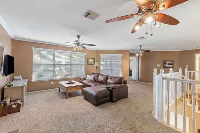 carpeted living room with a textured ceiling and crown molding