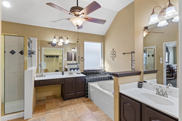 bathroom featuring plus walk in shower, vanity, vaulted ceiling, and ceiling fan