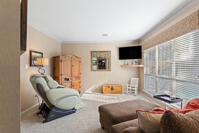 carpeted living room with crown molding