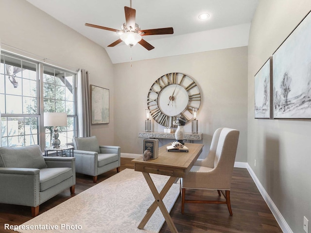 office area with ceiling fan, dark hardwood / wood-style flooring, and lofted ceiling