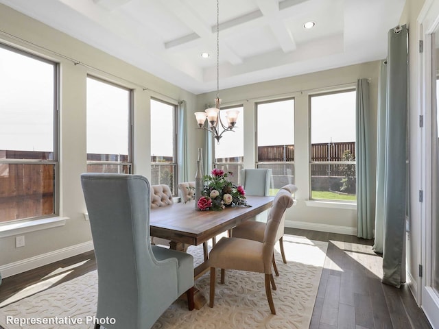 dining area with beam ceiling, hardwood / wood-style floors, coffered ceiling, and an inviting chandelier