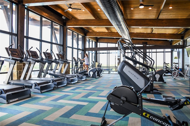 gym featuring ceiling fan, carpet floors, wooden ceiling, and a wall of windows