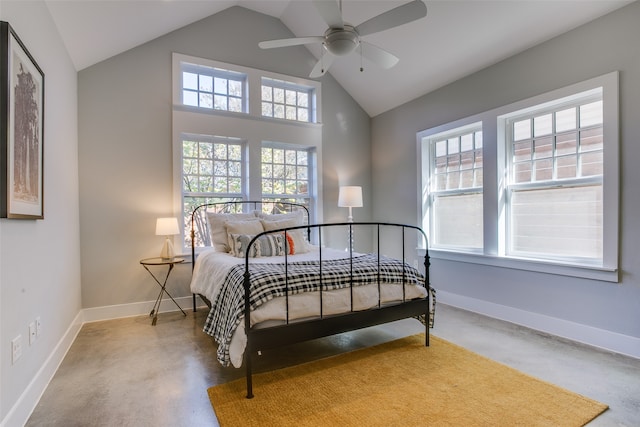 bedroom with ceiling fan and lofted ceiling