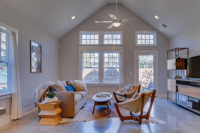 living room with ceiling fan and high vaulted ceiling