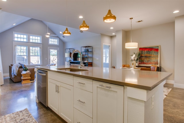 kitchen with dishwasher, sink, hanging light fixtures, an island with sink, and white cabinetry