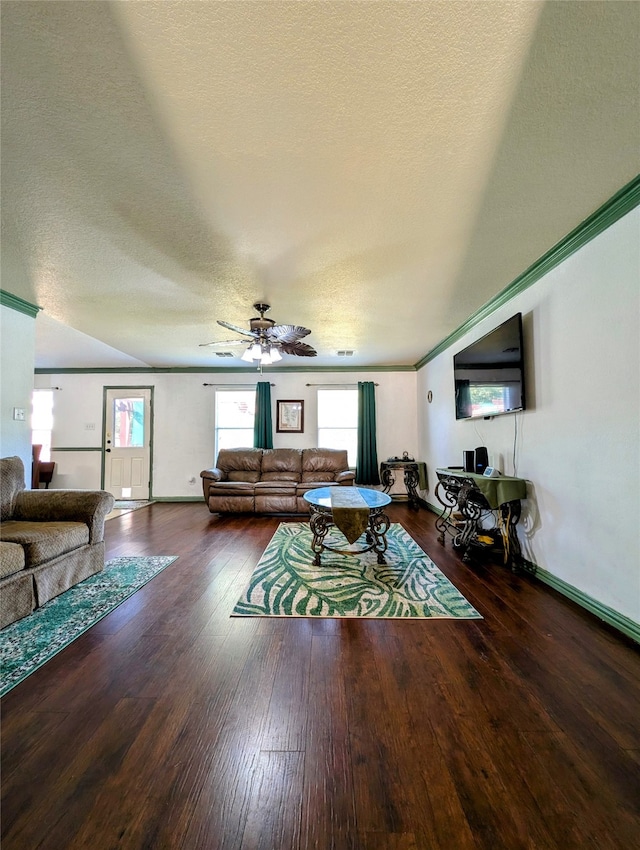 living room with hardwood / wood-style floors, plenty of natural light, and a textured ceiling