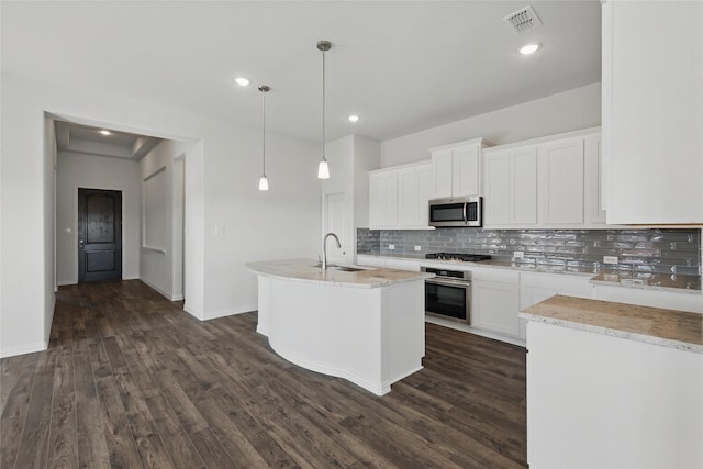 kitchen with a sink, visible vents, appliances with stainless steel finishes, tasteful backsplash, and dark wood finished floors