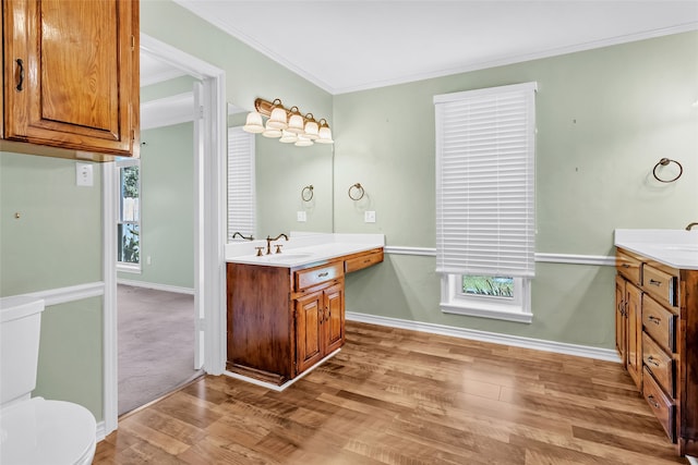 bathroom featuring hardwood / wood-style floors, a wealth of natural light, and ornamental molding