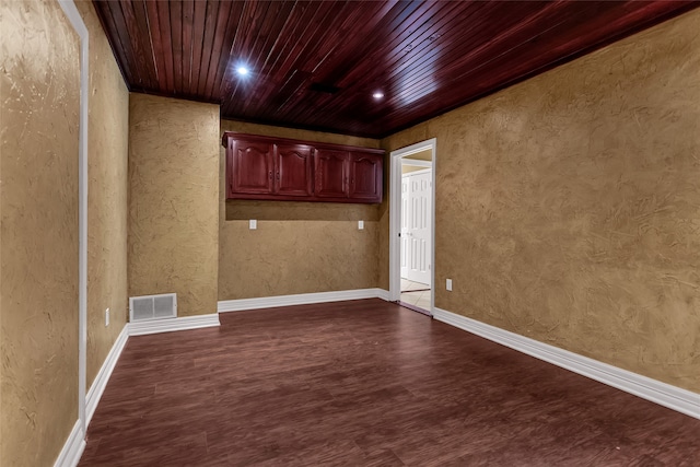 spare room with hardwood / wood-style flooring and wooden ceiling