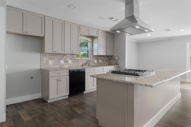 kitchen featuring black dishwasher, light stone counters, dark hardwood / wood-style floors, island range hood, and ornamental molding