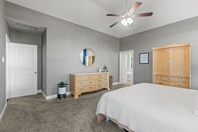 bedroom featuring ceiling fan, lofted ceiling, visible vents, baseboards, and carpet