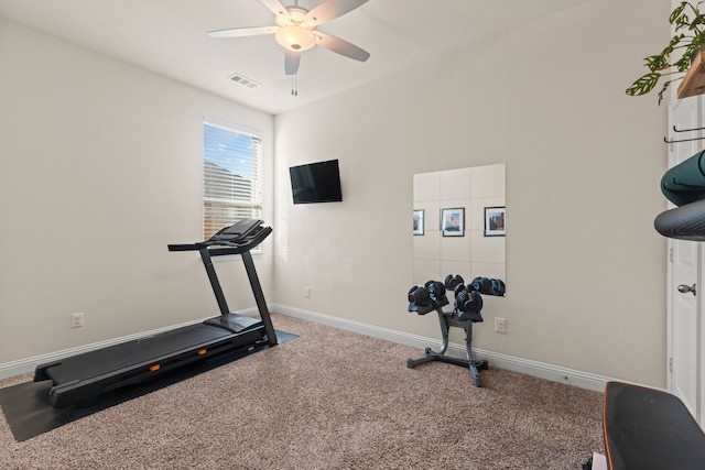 workout area with ceiling fan, carpet, visible vents, and baseboards