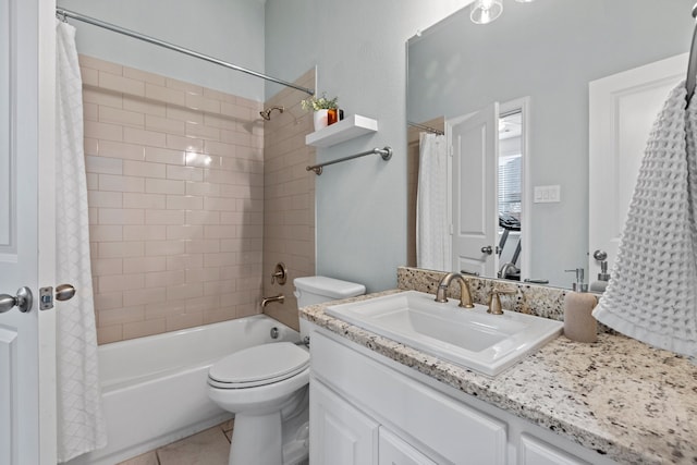 full bath featuring toilet, shower / bathtub combination with curtain, tile patterned flooring, and vanity