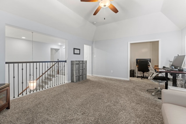 1100 Wedgewood Dr, Forney, TX 75126 - carpeted home office featuring a ceiling fan, vaulted ceiling, and baseboards