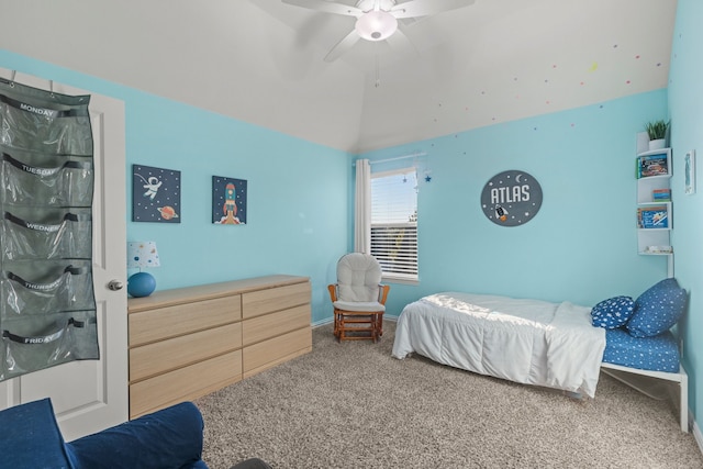 carpeted bedroom featuring lofted ceiling, ceiling fan, and baseboards