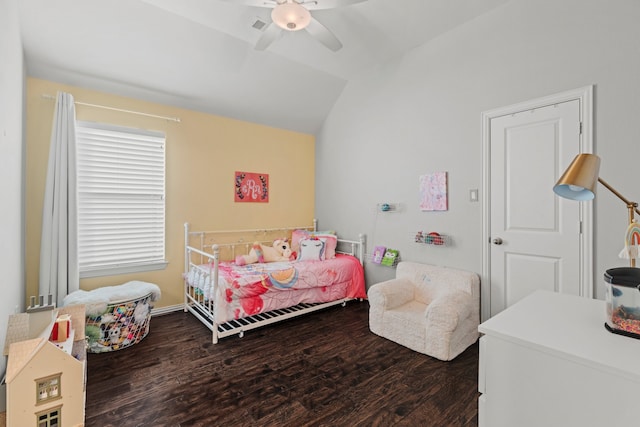 bedroom featuring lofted ceiling, ceiling fan, and wood finished floors