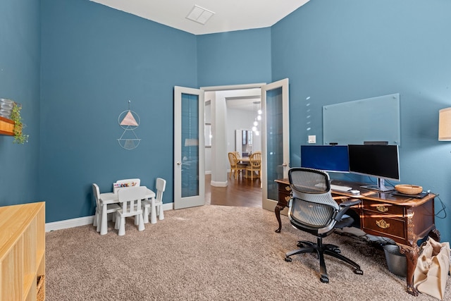 1100 Wedgewood Dr, Forney, TX 75126 - office with french doors, carpet, baseboards, and a high ceiling