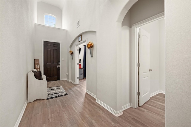 foyer with a towering ceiling and light hardwood / wood-style floors