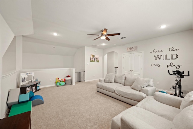 playroom featuring carpet flooring and ceiling fan