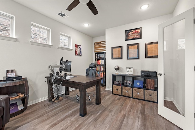 office area featuring ceiling fan and hardwood / wood-style floors