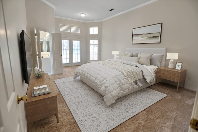 bedroom featuring french doors and ornamental molding