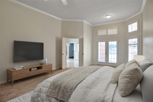 bedroom featuring access to exterior, french doors, ornamental molding, light carpet, and baseboards